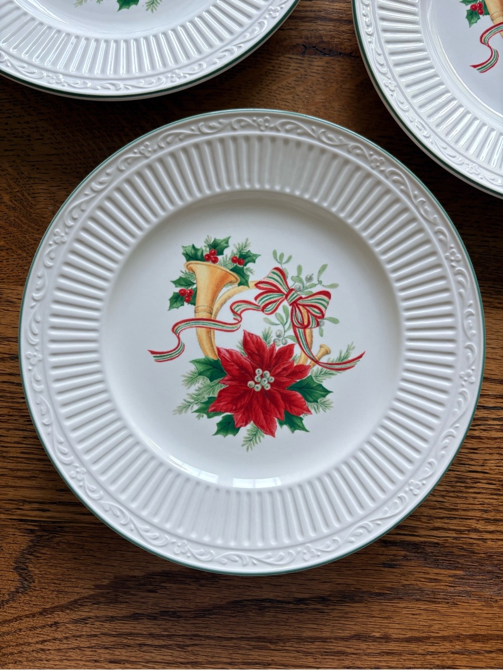 Mikasa Italian Holiday with Poinsettia, Horn, and Bow Salad Plates - set of 4. - Picture 2 of 12